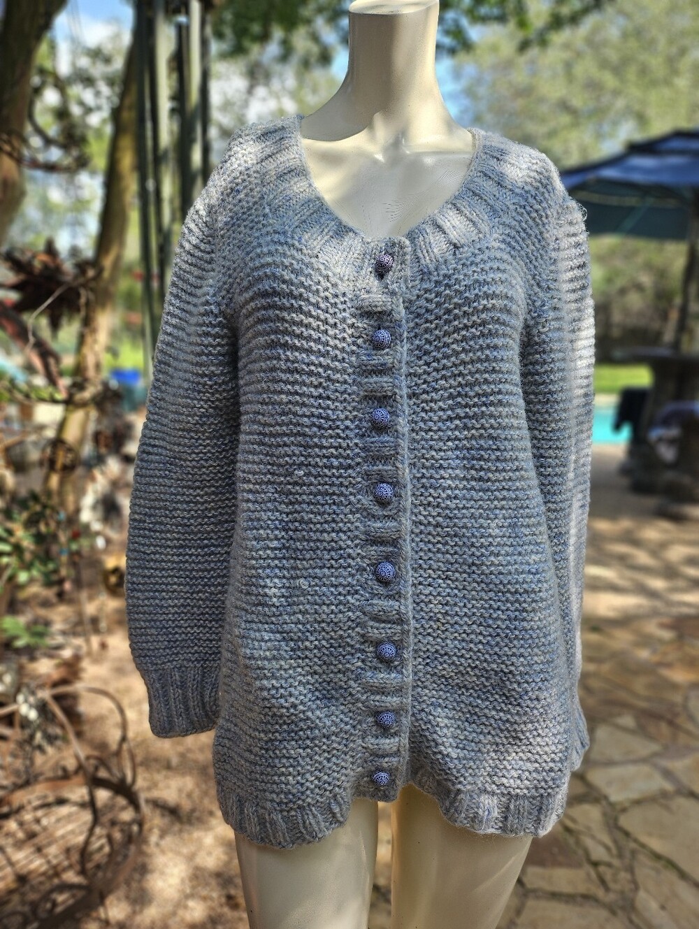 Cozy Hand Knit Blue/Light Gray Button-Up Women's Sweater Cardigan One Size L